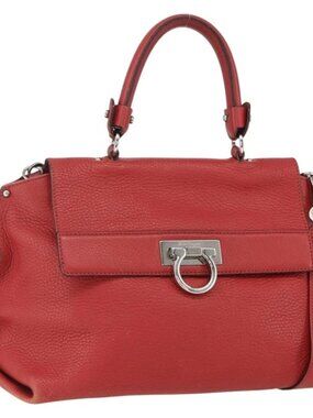 Salvatore Ferragamo Gancini Hand Bag Leather 2way Red Silver